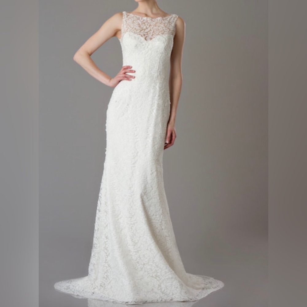 Theia Alessandra Embroidered White Trumpet Bridal Wedding Gown 890163